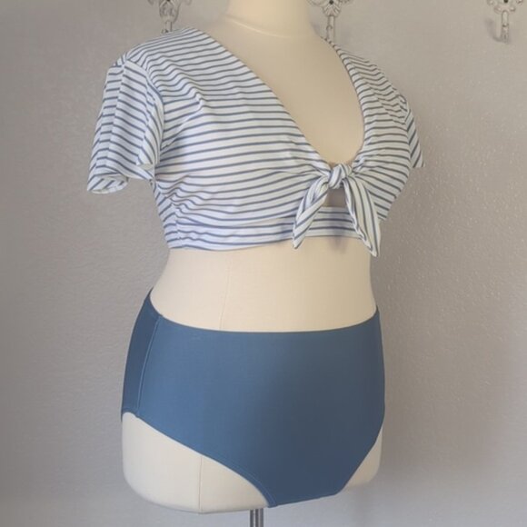 Cupshe Bikini Set 20/ 2X Knotted Stripe Flutter Sleeve Tank High Rise Bottoms - Picture 2 of 10